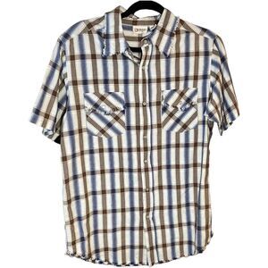 BKE 67 Pearl Snap Short Sleeve Shirt Blue And Brown Plaid Frayed Details Men’s L